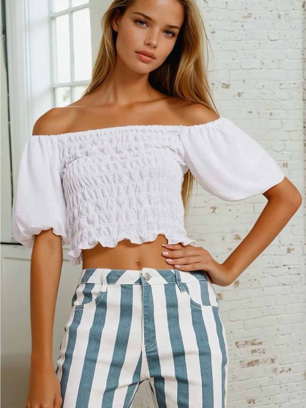 White Off-Shoulder Smocked Crop Top with Puff Sleeves